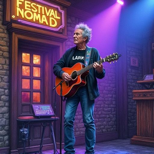 A colored pencil studio sketch of a nighttime performance at Nomad Festival. The illustration features a middle-aged musician with reddish acoustic guitar. The perspective is from a low angle showing the stage illuminated by purple and blue lights. The artist wears a black t-shirt with 'LARK', a dark jacket, and jeans, positioned centrally. The digital mixer screen is visible in the foreground. The venue has stone walls with an illuminated window. A gold and purple sign reading 'FESTIVAL NOMAD' is prominent. The dynamic setting captures the live music atmosphere.