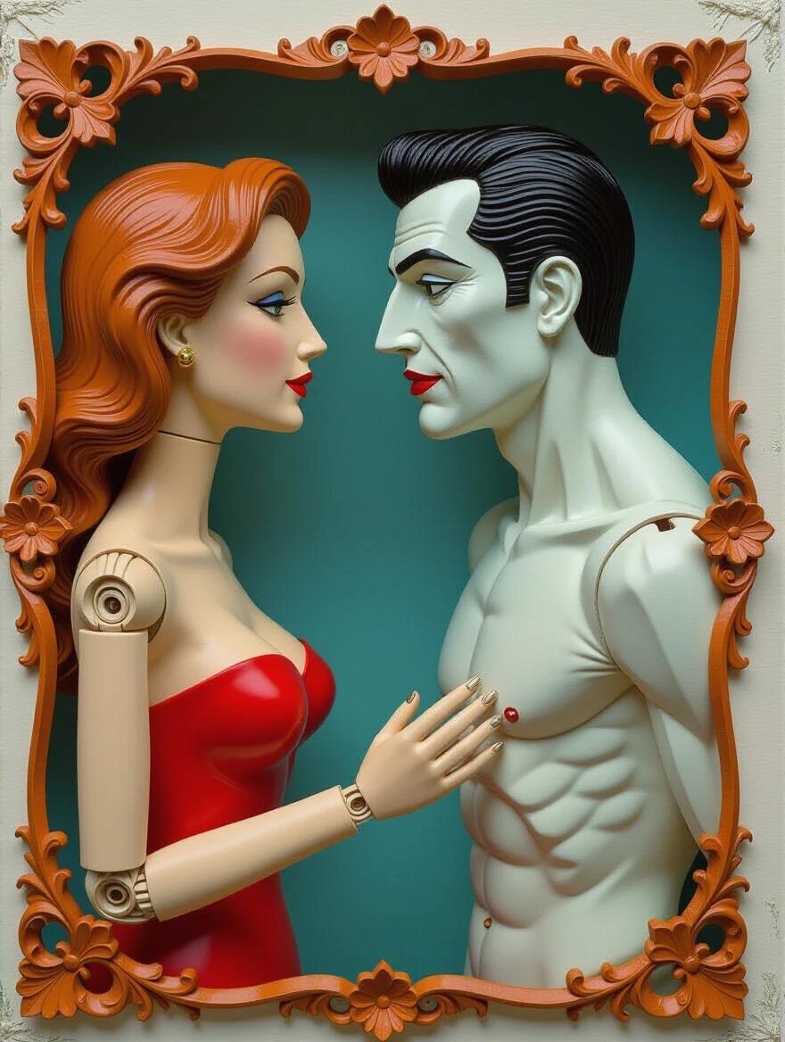 Wooden marionette puppet without strings. Woman puppet with red dress. Man puppet with muscular body. The two puppets face each other. Artwork done in colored balsam wood. Multi-layered composition. Intricate details and whimsy. Artistic style evokes storytelling. Inspired by eccentrics like Howard Finster. Celebrate puppetry through fine art.