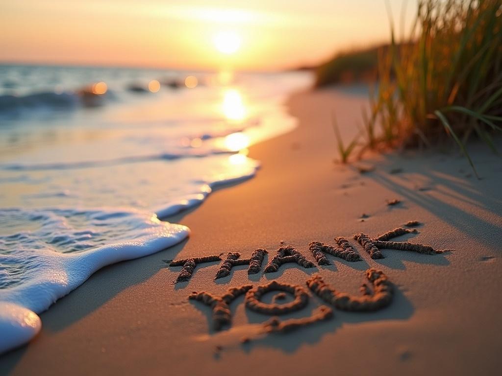 A cozy beach scene captures the moment a gentle wave rolls in, softly washing up on the sandy shore. In the sand, the words 'THANK YOU' are beautifully written, creating a romantic atmosphere. The sun is beginning to set, casting a warm golden light across the scene and adding to the coziness of the moment. The background includes hints of beach grasses swaying in the soft evening breeze. The waves gently lap at the shore, enhancing the feeling of tranquility and appreciation.