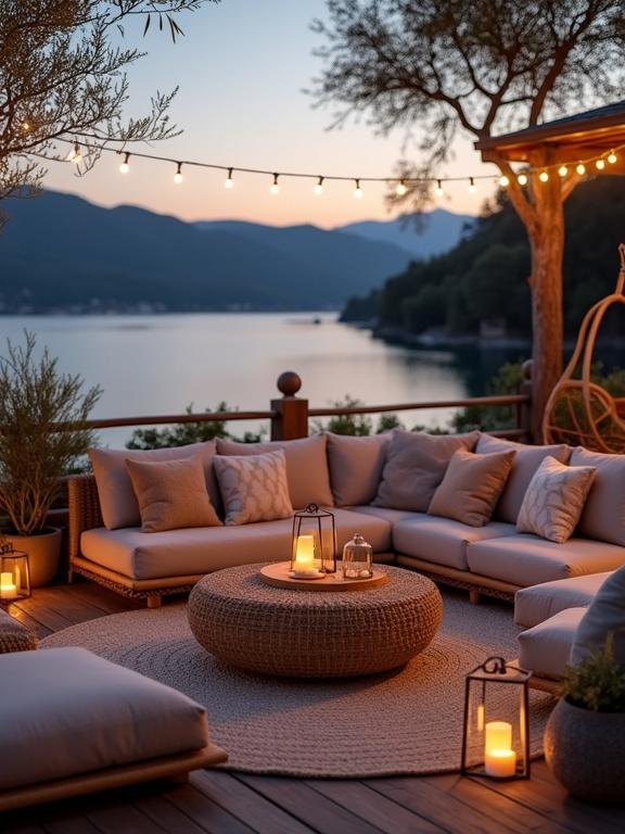 Stylish outdoor lakeside deck lounge during twilight. Cozy romantic serene atmosphere. Woven round coffee table. L-shaped sectional outdoor sofa in muted tones. String lights for gentle illumination. Wooden decking with olive plants. Calm lake view with mountains.