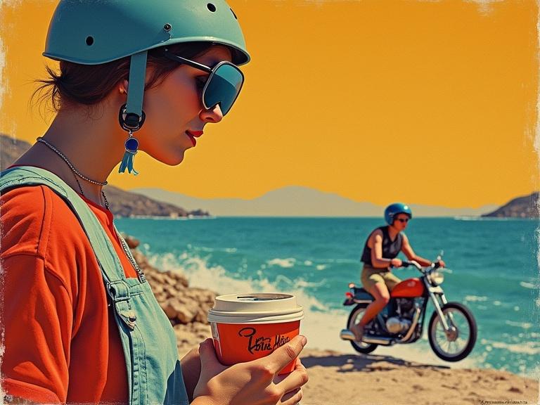 Painted art for an advertising poster in 1960s graphic design style. Cold colors dominate. Woman in the foreground with coffee cup. Motorcycle in the background.
