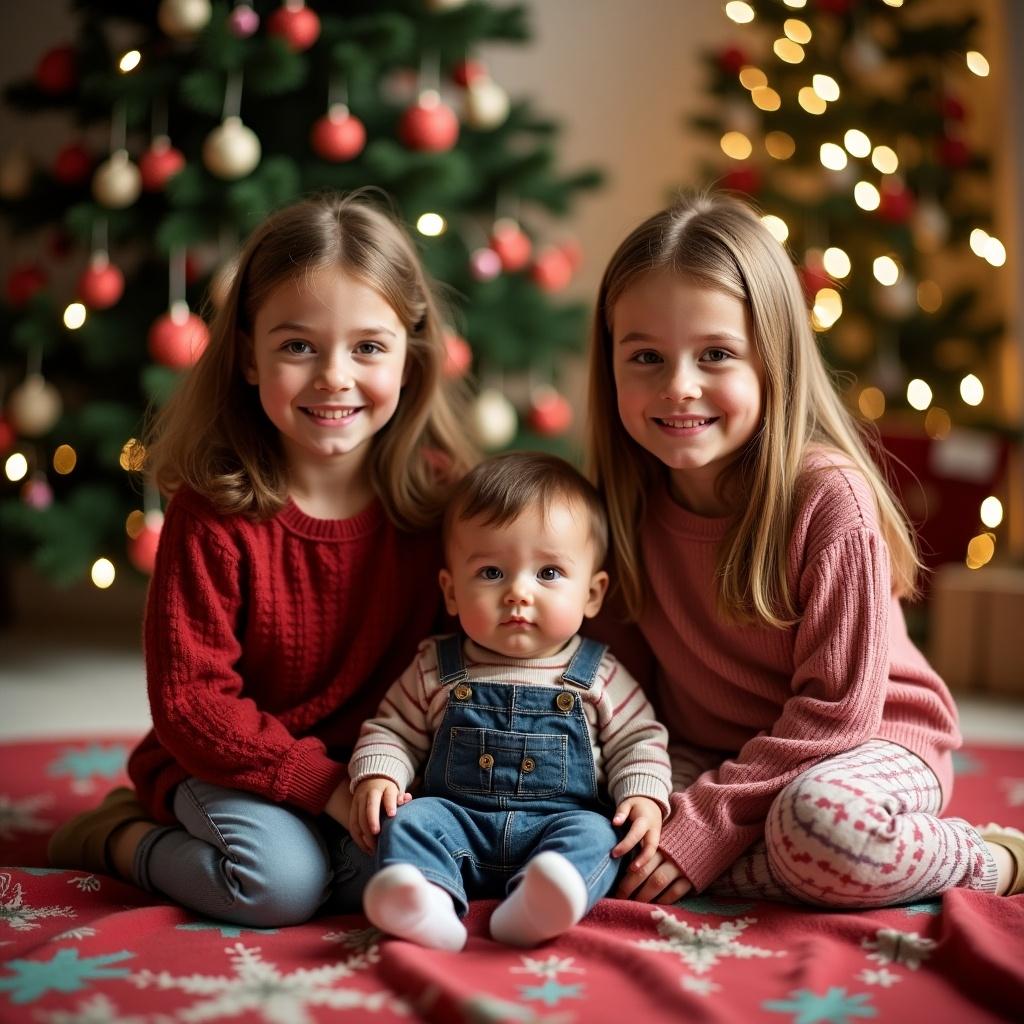 A heartwarming Christmas scene featuring two girls and a baby. The girls are aged 7 and 9, with beautiful brown hair, and they are wearing cozy sweaters. The baby boy, about 8 months old with light brown hair, is sitting in front. They are gathered on a festive blanket with Christmas trees in the background, adorned with ornaments and soft lights. The atmosphere is cheerful and captures the spirit of the holiday season. The children's names are Molly, Maddie, and Hudson, showcasing a moment of joy and togetherness during Christmas time.