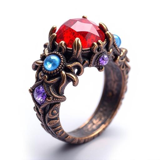 Photorealistic fantasy game asset of an elven ring featuring vibrant patterns and details. Isolated on a transparent white background. No gems observed. Neutral lighting enhances intricate designs, rendered in high quality.