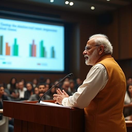 Lecture hall setting at an Indian university. Modi giving a speech with education policy team. Audience includes students and scholars. Visuals on the screen display data on education statistics. Focus on transforming India's education system. Discussing investment and quality improvement in teaching. Emphasis on vocational education for job market readiness.