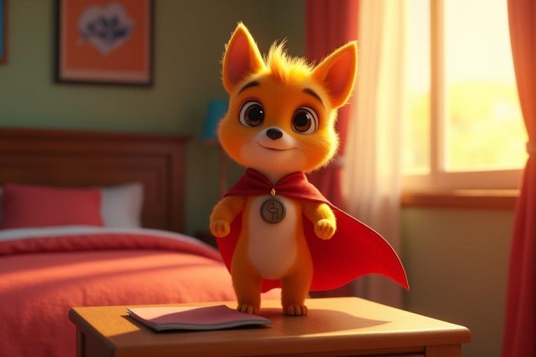 A 3D animated fox named Sparky stands confidently on a bedside table. A red cape flows behind him, giving a heroic impression. The fox has a determined expression with glowing eyes. Bright daylight fills the room with warm colors. The background is a cozy bedroom belonging to Rahul.