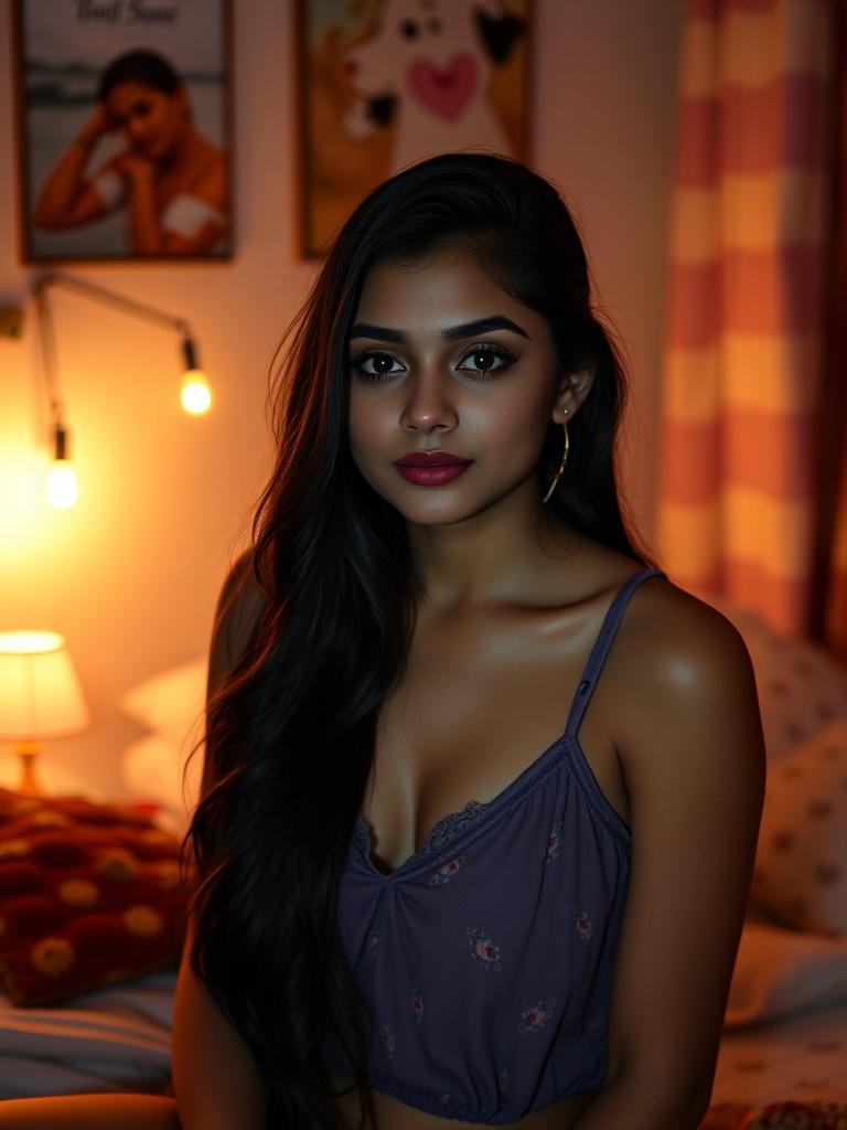 A woman with long hair sits in a dimly lit room, illuminated by warm lighting.