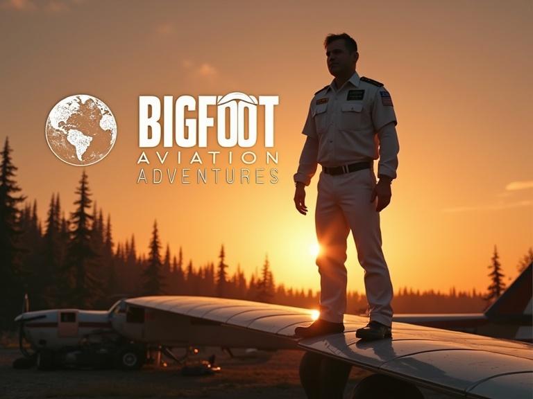 Horizontal image featuring a realistic pilot in uniform standing on an aircraft wing with a sunset sky. Background shows a crashed Cessna and forest.