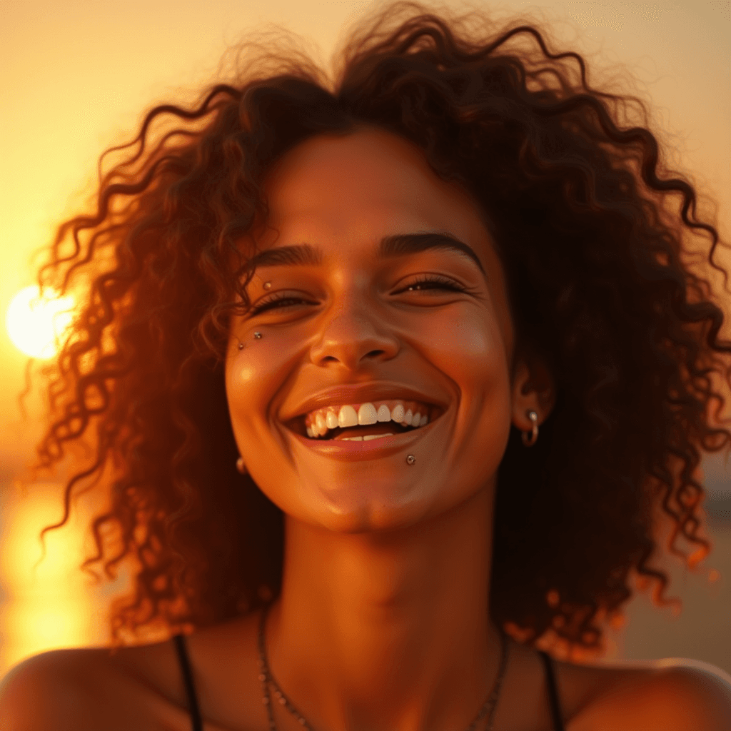 A person with curly hair beams a joyful smile against the warm glow of a setting sun, creating a vibrant and uplifting scene.