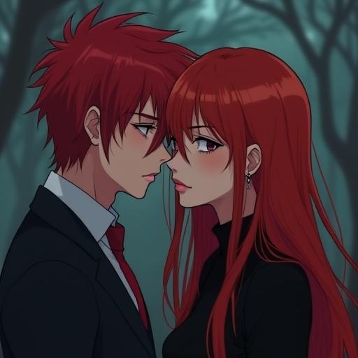 Two anime characters with dark red hair. Man has messy hair and strong body language. Woman has long hair and soft expression. Dark atmospheric background enhances their depiction. Their poses create a coherent image together.