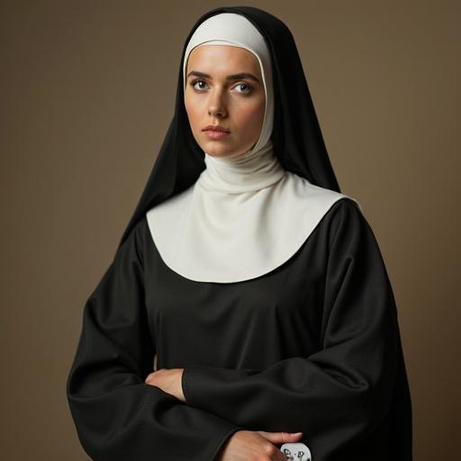 A curvy nun dressed in traditional garments poses confidently. Attention to modest fashion highlighted in her attire. The background is neutral, enhancing the subject's presence.