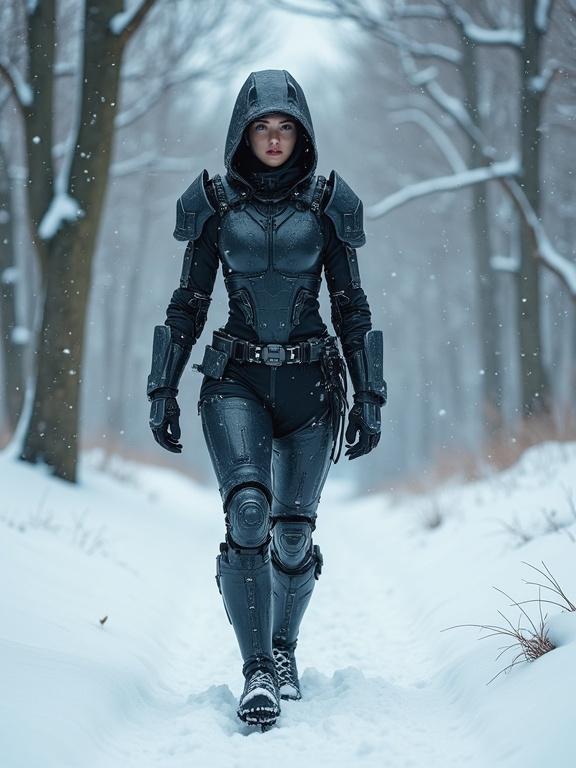 Hyper-realistic image of a futuristic warrior woman in cyber armor. She walks confidently through a snow-covered forest. Snowflakes fall around her. The atmosphere is both mysterious and powerful.