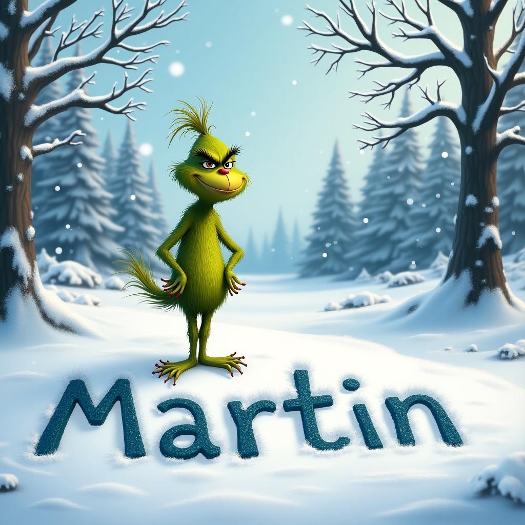 Grinch character with name Martin drawn in the snow in a winter landscape with snow-covered trees.