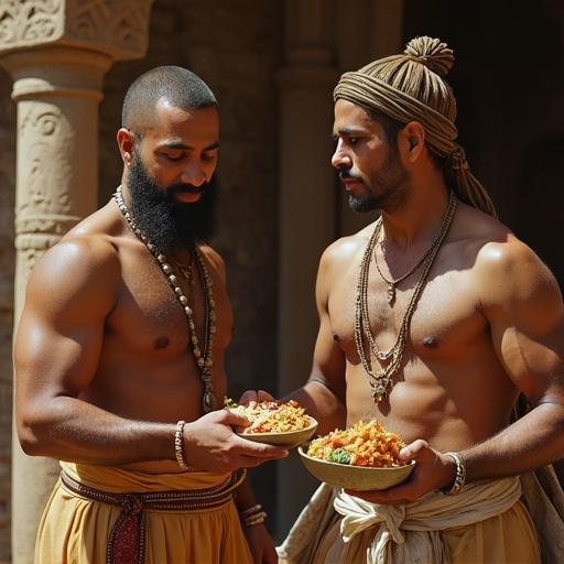 Two ancient individuals share food in a historical setting. They are shirtless and adorned with traditional accessories. Bowls of food are in their hands. Warm sunlight bathes the scene, enhancing the cultural atmosphere.