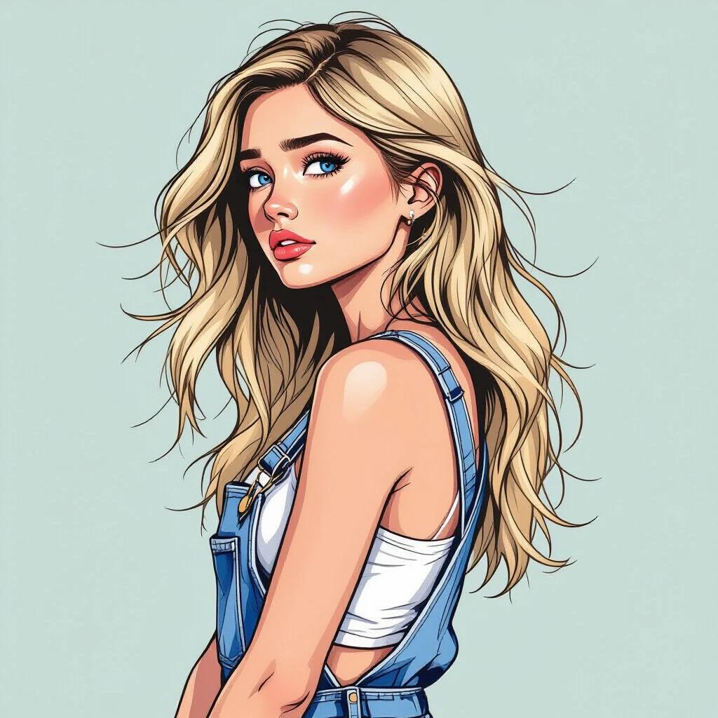 A 19-year-old woman in profile. She looks sad. She wears ripped denim overalls. Her hands are clasped behind her back. Her long straw-blonde hair blows in the wind. She has bright blue eyes. The image is drawn in a semi-realistic comic style with bold contour lines.