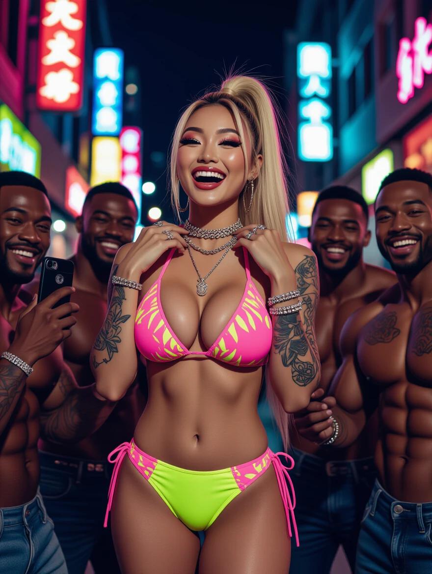 Busty Asian model in bright bikini standing confidently on a neon-lit night street. Highlighted slim waist. Sporting a high blonde ponytail and bright makeup. Adorned with tattoos and lots of jewelry. Model laughs as she poses with both hands on her neck. Surrounded by muscular black men taking pictures with sly smiles. Comic style atmosphere.