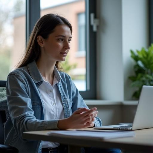 Woman seated at a desk in an office. Natural light coming through the window. Engaged and thoughtful expression. Laptop open in front of her. Casual attire with a denim jacket.