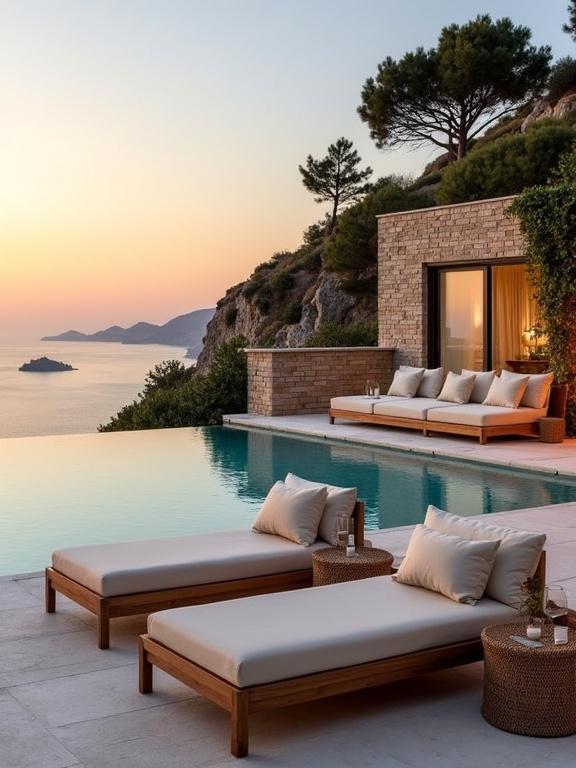 Luxurious outdoor setting with an infinity pool. Scenic cliffs visible. Warm sunset sky over the sea. Two minimalist lounge chairs. Woven side table near the pool. Built-in sofa against stone wall. Light-colored stone tiles around the pool. Greenery and trees in the background. Calm and serene atmosphere.