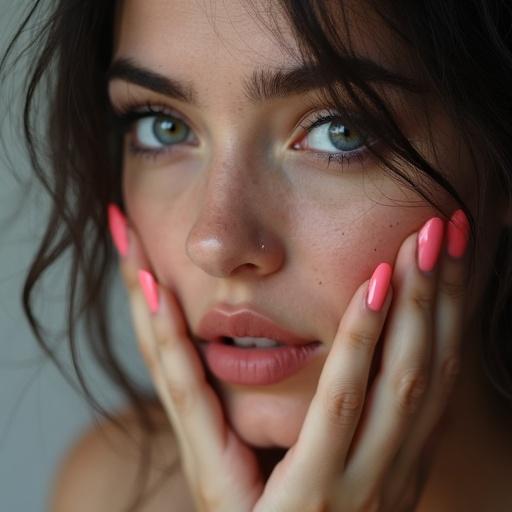 Close-up portrait of a woman with striking blue eyes. She has a natural look with light pink nail polish. Soft lighting highlights her facial features. Her expression is inviting and engaging. Captivating photography.