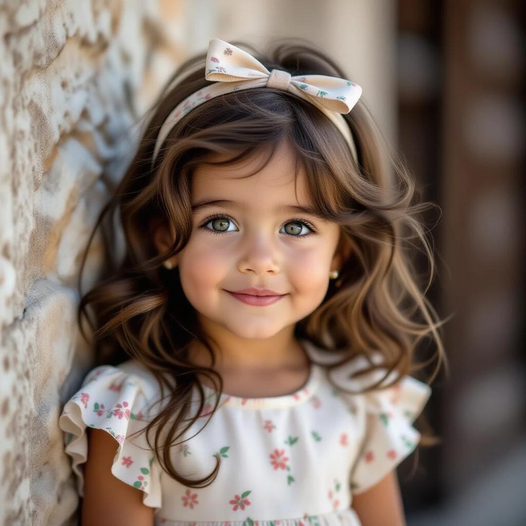 Image of a 2-year-old girl with black hair and green eyes. The girl wears a floral dress and a bow on her head. The background features textured stone walls. A soft focus highlights her hair and clothing details.