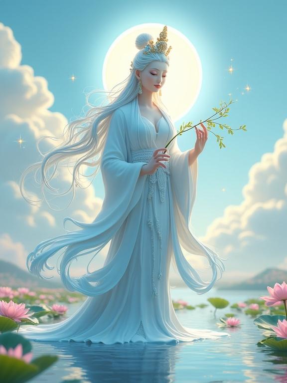 Avalokiteshvara Bodhisattva in a lotus pond surrounded by flowers. White robes flowing elegantly, holding a glowing vase and willow branch. Compassionate expression with cascading hair and a lotus crown. Background features immortal islands and clouds, creating a serene atmosphere. Bright and colorful Disney-Pixar styled illustration with clean lines.