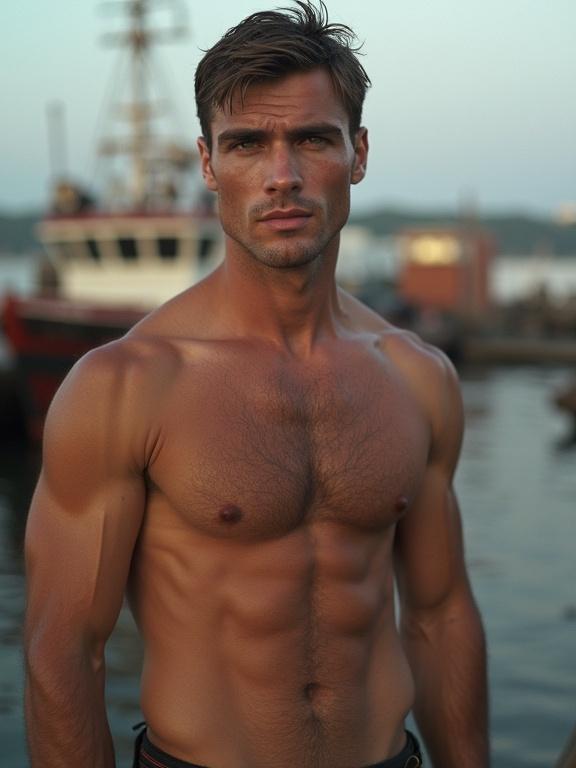 Handsome Italian man poses shirtless by the dock during late afternoon. He has short to mid-length hair, chiseled features, and a muscular build with a hairy chest. The scene reflects 1970s rural Italy near an industrial dock.