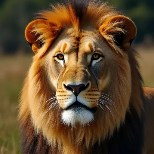 A lion with kind eyes posed in a natural setting. The lion displays a majestic mane and a gentle expression. Soft light enhances the warm colors of its fur.