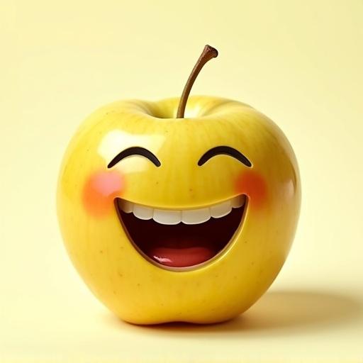A laughing apple with facial features and a bright yellow color. The apple has a clear, happy expression with a big smile. The background is transparent.