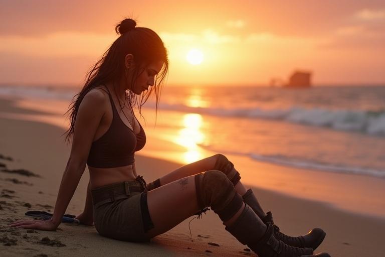 Cinematic shot of a woman on a beach during sunset. She sits in exhaustion with her rifle on the sand. The ocean reflects orange and pink in the sky. Her outfit is tactical; her hair is wet. A calm, silent atmosphere surrounds her.