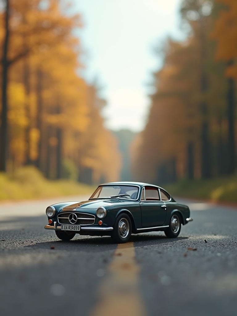 A miniature toy car is placed in the center of an empty road. The setting includes tall trees with autumn foliage. The photograph captures the car with a creative angle and blurred background. The lighting is soft and natural, enhancing the beauty of the scene.