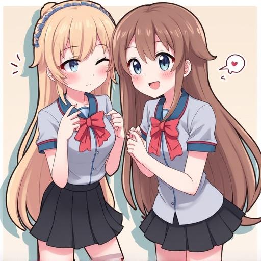 Two female anime characters in playful poses. Stylized with long hair, one is blonde and one is darker. Both wear school uniforms with skirts and bows. Warm and inviting background.