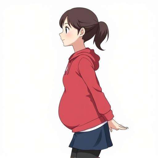 Anime-style illustration of a pregnant character wearing a red hoodie and navy blue mini-skirt. Character has brunette hair styled in pigtails. Background is white. Character stands in profile with a visible white shirt and leggings.