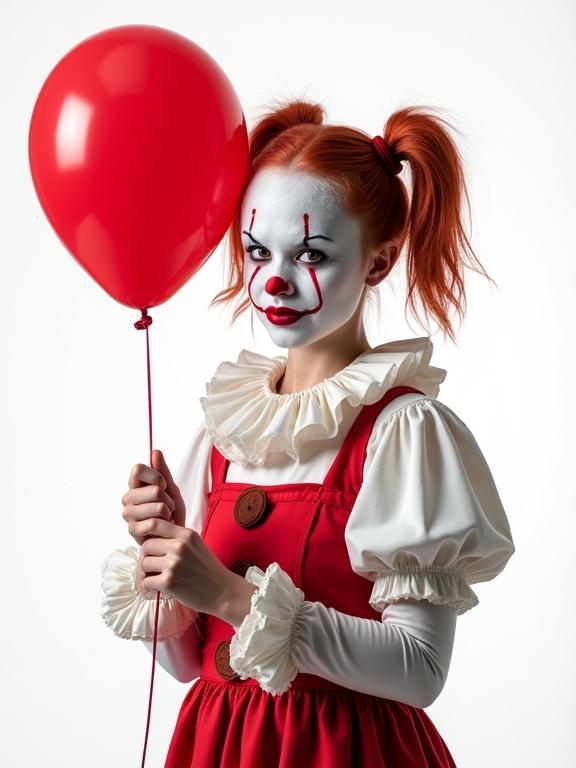 Realistic young slim cute petite female dressed as clown. White black red face paint. Holding red balloon. Short pigtails hair. White background with details and textures.