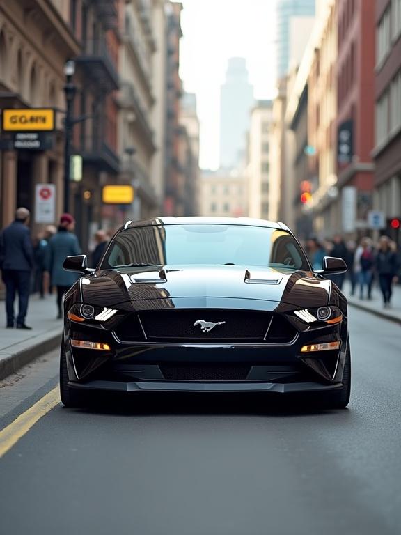 Ford Mustang parked diagonally along the curb of an urban street. Front and side of the car visible. Everyday city environment with pedestrians. Soft daylight. 9:16 format.