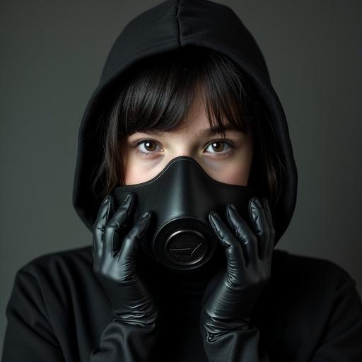 Portrait of a girl wearing a gas mask. The gas mask covers her entire face including forehead and eyes. Girl dressed in black with a tight black latex hood. She wears latex gloves covering her hands.