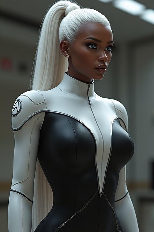 A sci-fi character with very black skin. Features a young face and is dressed in a tight bodysuit inspired by Star Trek. The character has long white hair in a ponytail and light blue eyes. The body is skinny with prominent breasts and wide hips. The expression is shy yet sensual. The image has a dramatic low-angle perspective and cinematic lighting. The design includes a classic Star Trek emblem in a futuristic setting.
