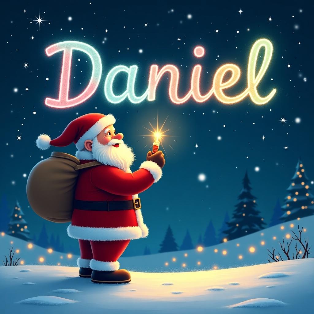 Beautiful Christmas scene. Santa Claus writing name in colorful letters in night sky. Santa holds glowing pen. Snow covers ground. Magical atmosphere with twinkling stars.