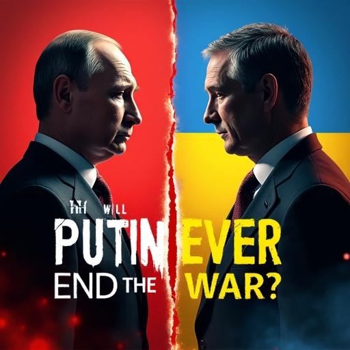 Dynamic high-contrast YouTube Shorts thumbnail features a stern silhouette of Putin and a determined portrait of Zelensky against a split background of Russian tricolor and Ukrainian flag. Central text reads 'Will Putin EVER End the War?' with a dripping 'VS' graphic. Explosive background effects and cinematic lighting create urgency.