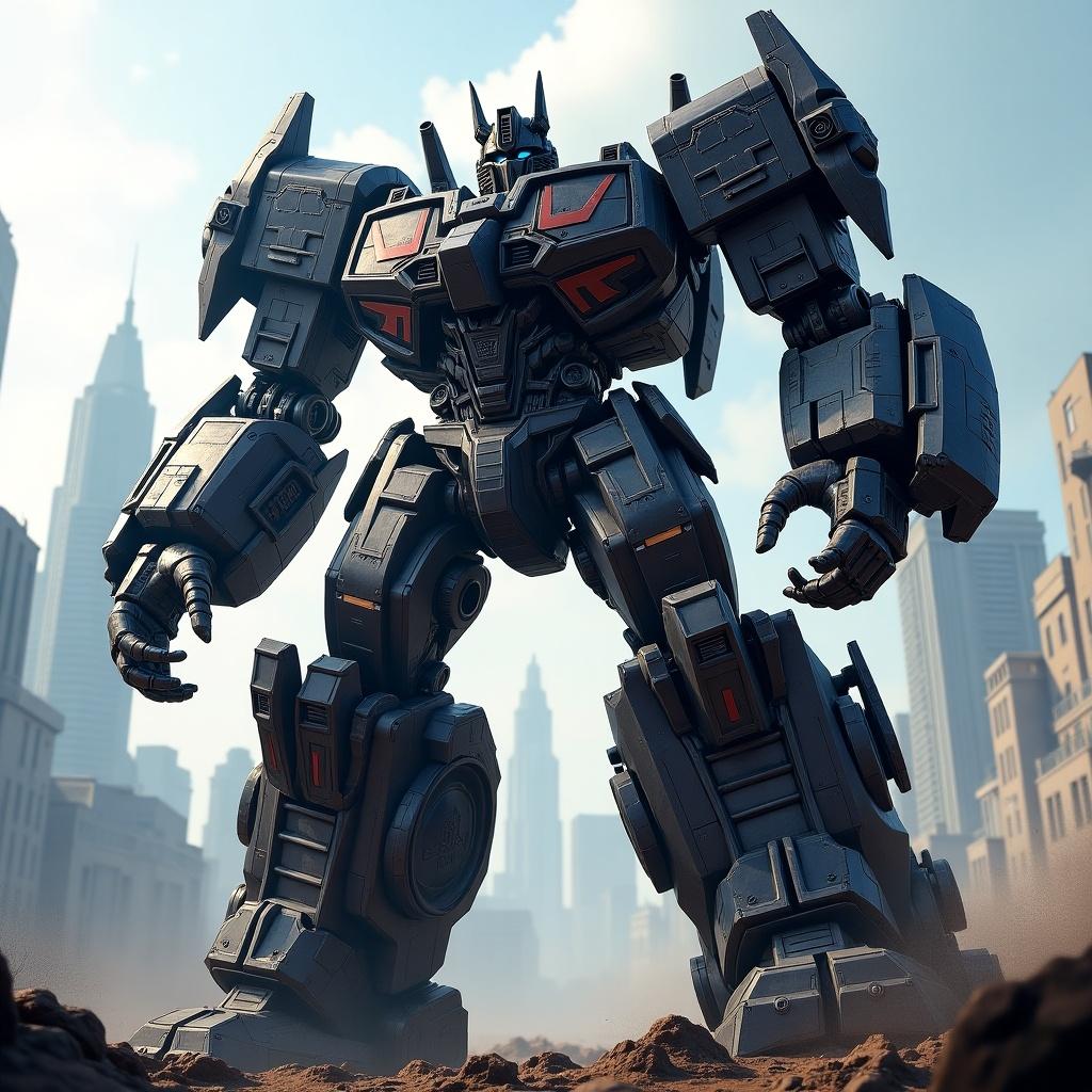 A giant transformer named Bruticus stands in a futuristic city environment. The robot has a menacing presence, towering over skyscrapers. The scene showcases detailed mechanical features and a powerful stance. The background includes a futuristic city skyline.