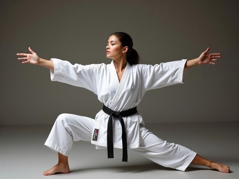 Female karate fighter demonstrates a yoga pose. She is wearing a white karate gi and a black belt. The background is neutral. The pose emphasizes strength and flexibility. The fighter exudes confidence and focus.