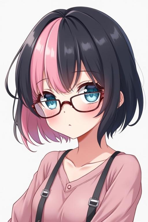 Anime style art of a girl with light pink bangs and black hime cut hairstyle. She has blue eyes and glasses. The character has a mature appearance.