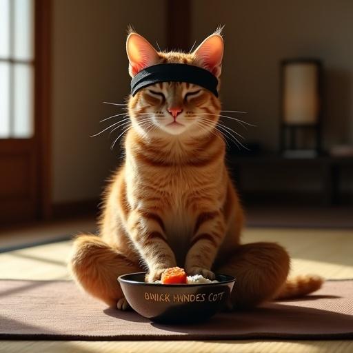 A ginger tabby cat wears a black ninja headband. Cat meditates in lotus position on a yoga mat. Eyes are closed, paws together. A ceramic bowl beside the cat reads 'Лучший ниндзя кот' filled with sushi treats. Background features a Japanese dojo with tatami flooring. Soft lantern light creates a serene atmosphere. The cat's fur is hyper-detailed. Cinematic shallow depth of field used.