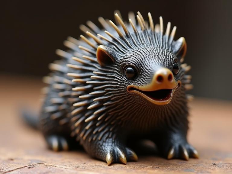 Mischievous echidna netsuke carved in intricate detail. Made of Tsuge wood. Style features include Ryūsa elements. Eyes inlaid with black coral provide expressiveness. Sculpture captures playful animation of the creature. Originates from traditional Japanese craftsmanship.