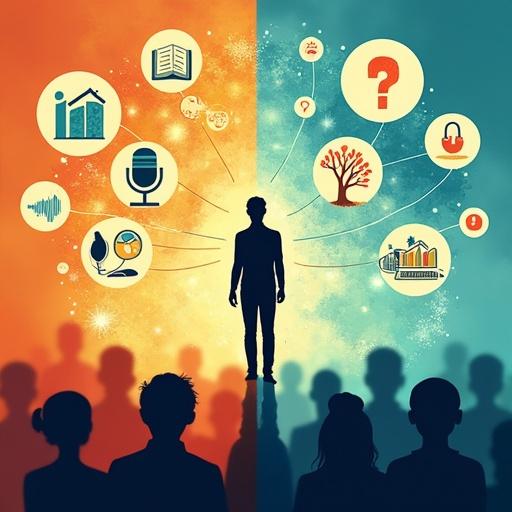 Conceptual illustration representing the transition from a generic audience to a defined listener. Central figure in black-and-white surrounded by icons like books, tools, headphones, and lightbulbs. Semi-transparent bubbles depict demographics and needs, connecting to external elements like a microphone, growing tree, and soundwaves. Background shows chaotic left side and structured right side, with contrasting colors to depict transformation.