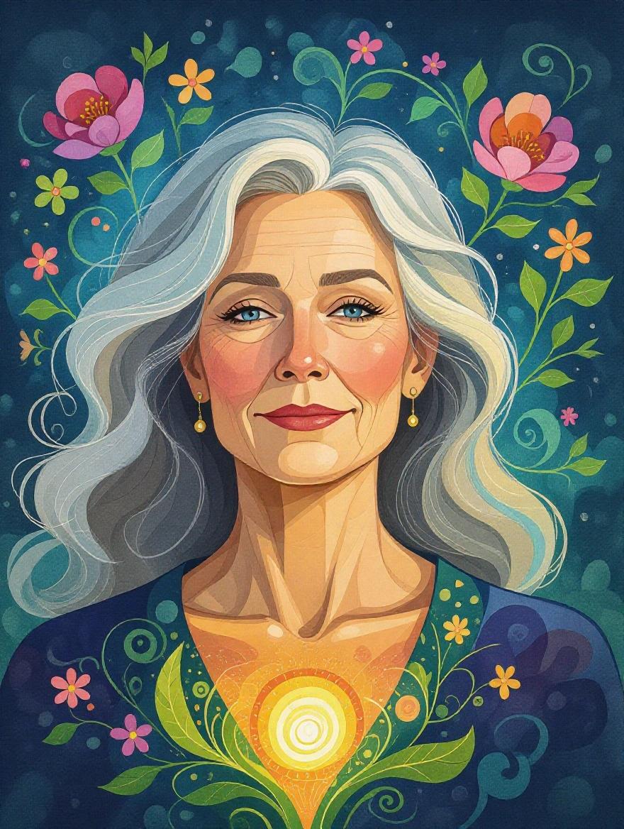 A wise woman with grey hair holds a gentle expression. Swirling colors radiate from her center. Floral elements surround her, symbolizing growth during menopause.