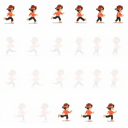 Sprite sheet shows a pixel-art character with different actions. Character wears a red shirt; brown pants and a hat. Actions include idle walking jumping and attacking. Each action has consistent frames arranged uniformly. Transparent background; pixel size is 64x64.