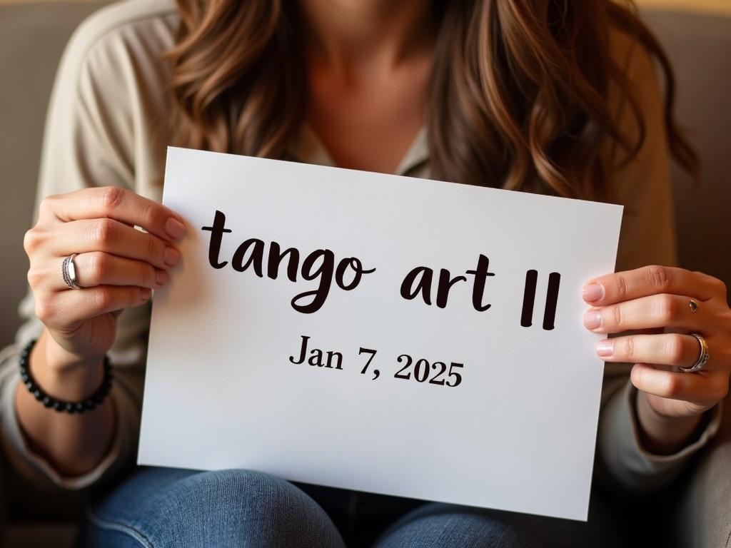 A woman is sitting casually, holding a sign that says 'tango art 11'. Below this text, the date 'Jan 7, 2025' is added, giving it a personal touch. She has long, flowing hair, and is wearing a simple black bracelet on her left wrist. On her left ring finger, she is wearing a wedding ring, which stands out against her skin. Her right hand is partially visible, and it is adorned with no other rings. The background appears warm and inviting, with soft color tones enhancing the overall atmosphere.