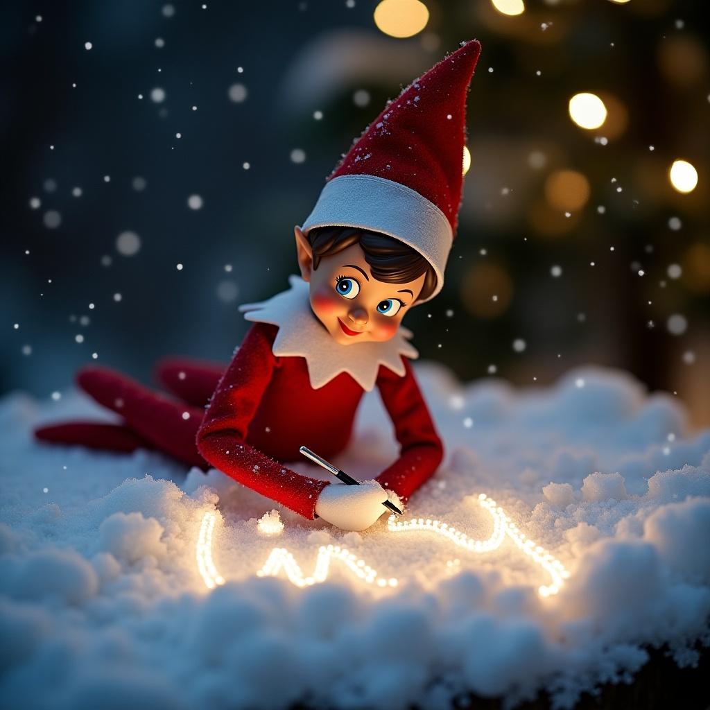 Elf figure writes name in snow using lights. Soft snowfall enhances the festive atmosphere. The scene is cozy and inviting.