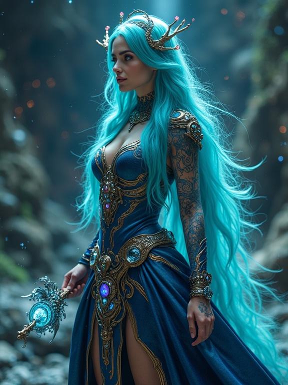 Full-body wide shot of a majestic cosmic guardian woman. Teal hair cascades in shimmering waves interwoven with silver. Ethereal face with glowing neon blue eyes. Complexion shifts in shades of deep obsidian with starry specks. Intricate tattoos pulse with light changing colors. Dressed in futuristic robes and boots that change colors with emotions. Cloak adorned with nanotechnology shows floating symbols. Wields a crystalline scepter with warm light and gemstones. Holographic constellations project around her. Crown resembles a halo with pulsating gemstones.