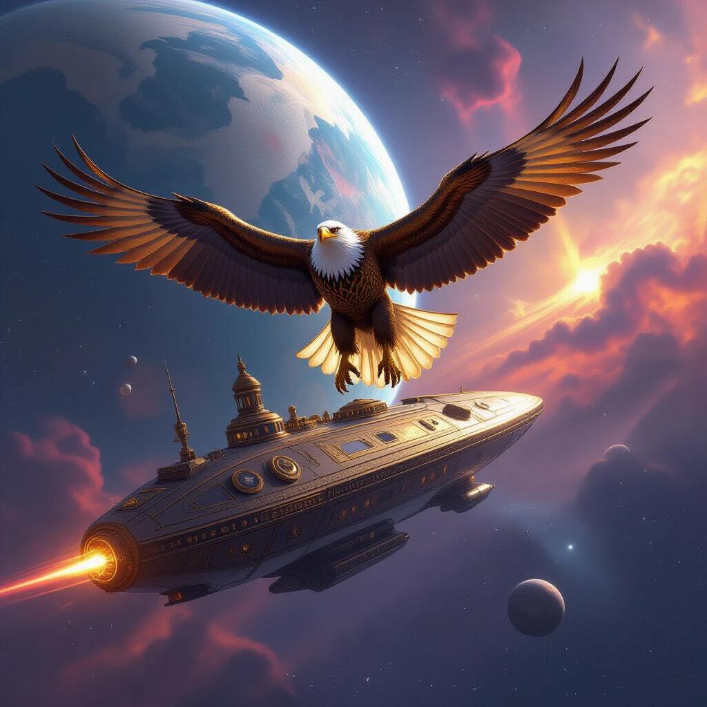 A golden eagle golem soars in space near a pseudo Victorian starship. The starship orbits a planet surrounded by a colorful nebula. The scene captures a dynamic sense of flight and adventure.