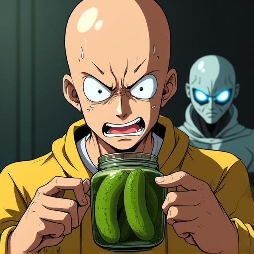 Anime style depicting a close-up of Saitama sweating and straining to open a pickle jar. Genos appears in the background with glowing eyes scanning the jar. Motion lines illustrate effort and tension.